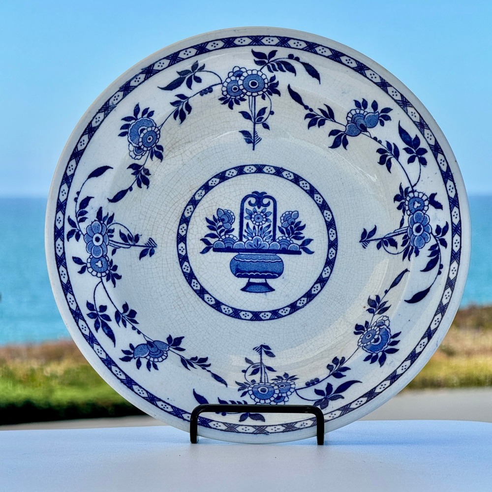 Delft Minton Soup Bowl Unisex 10in Blue White Floral Basket Antique 19th Century